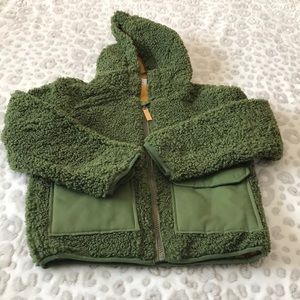 Boys size 6-7 Sherpa jacket green with orange lining